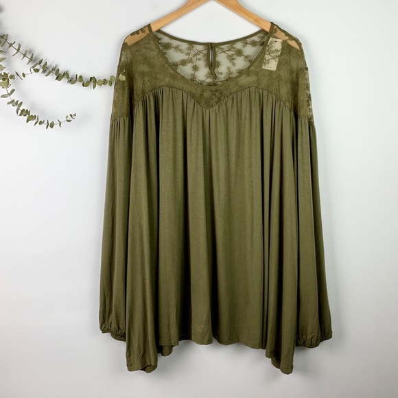 Lane Bryant Tops - Lane Bryant Olive Green Lace Shoulder Flowy Tunic